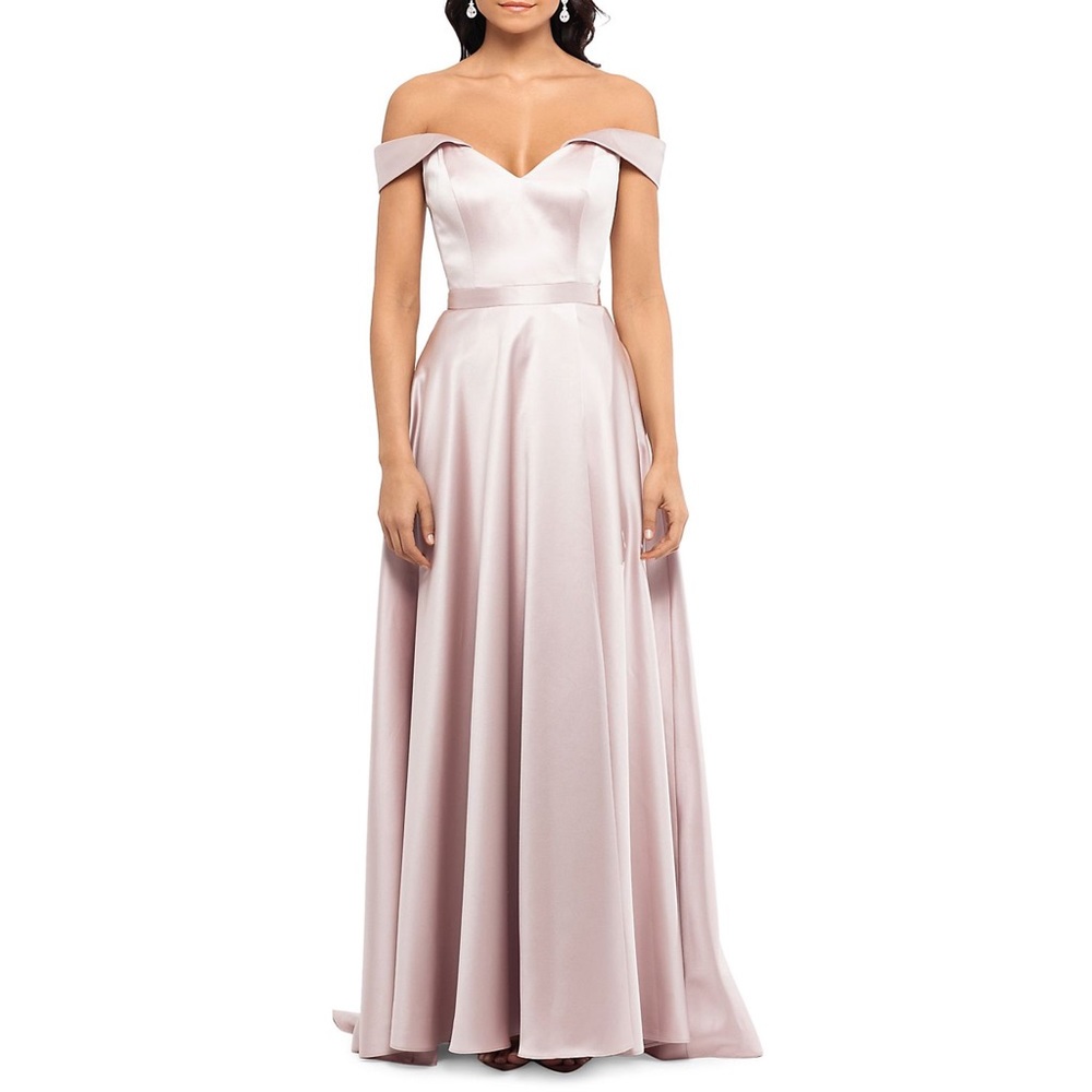 Xscape champagne off the shoulder dress